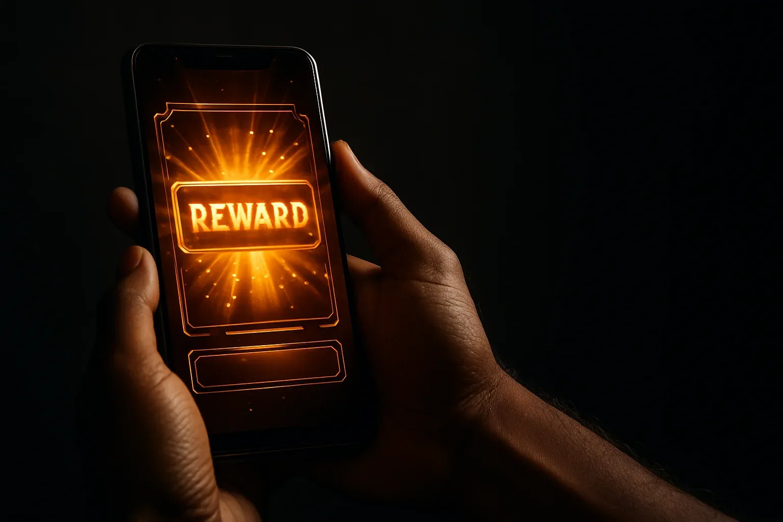 Bangladeshi man hands holding smartphone showing glowing golden reward animation