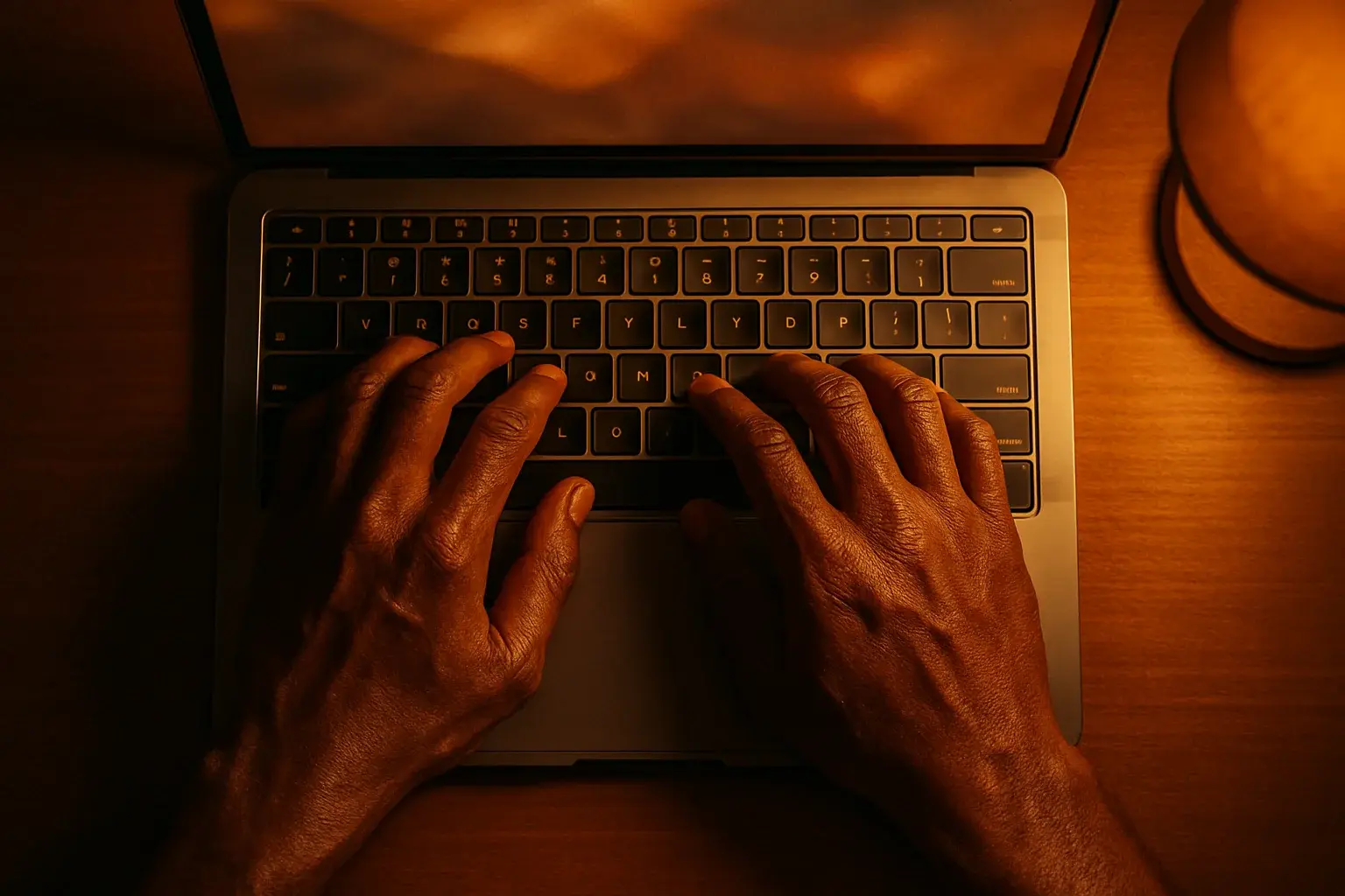 Cinematic close-up of Bangladeshi hands typing on laptop keyboard