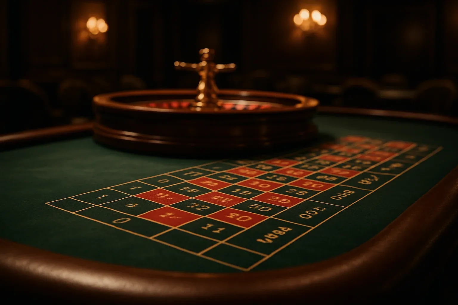 Ultra-realistic casino table with roulette wheel in soft focus and green felt