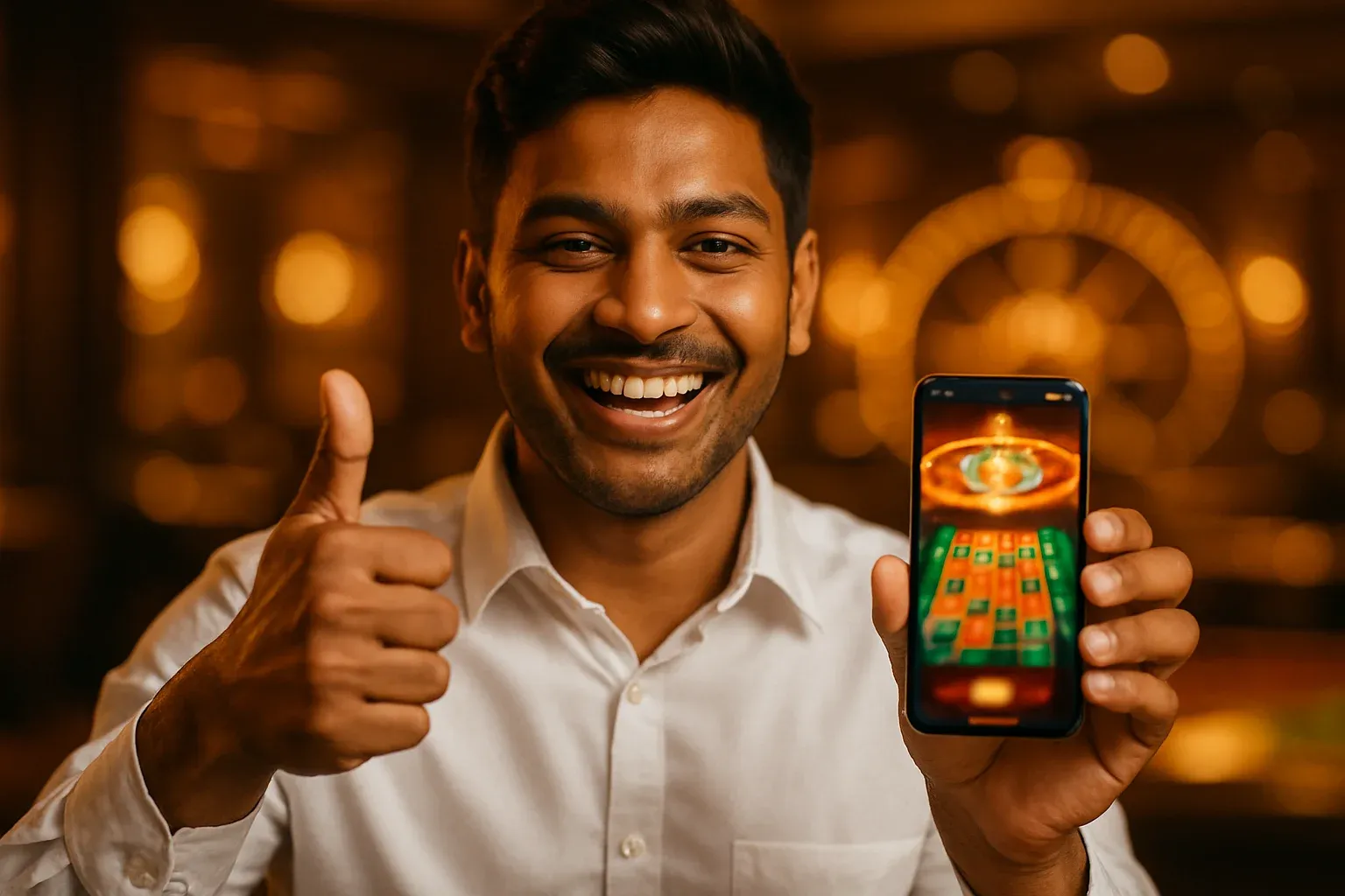 Grinning Bangladeshi man giving thumbs-up holding smartphone with glowing casino app