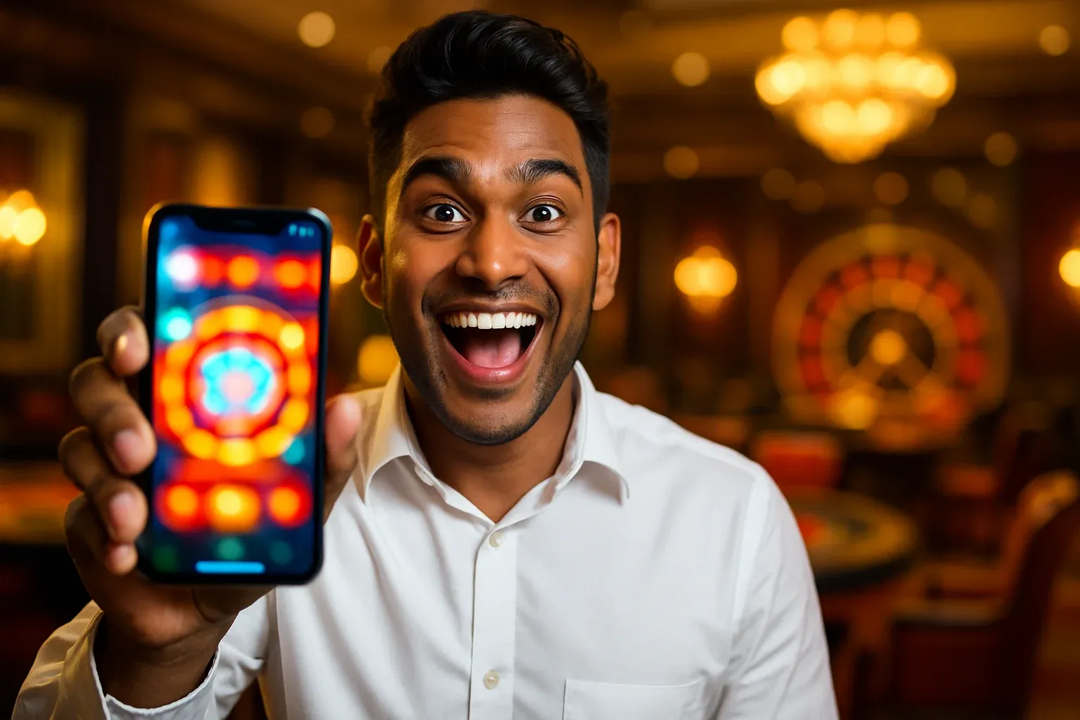 Excited young Bangladeshi man holding smartphone with glowing casino app in lounge