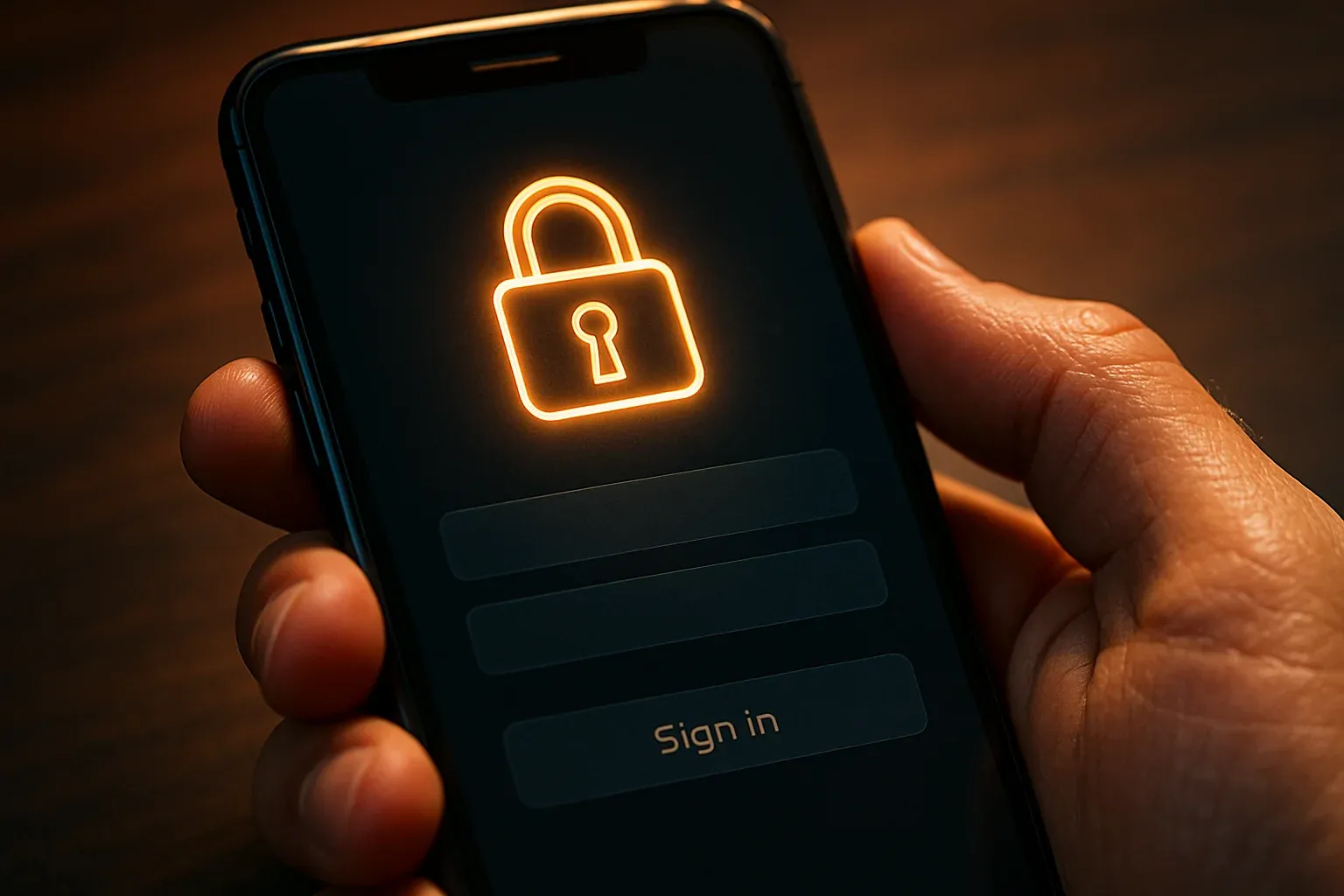 Macro photo of smartphone showing secure login interface with padlock icon