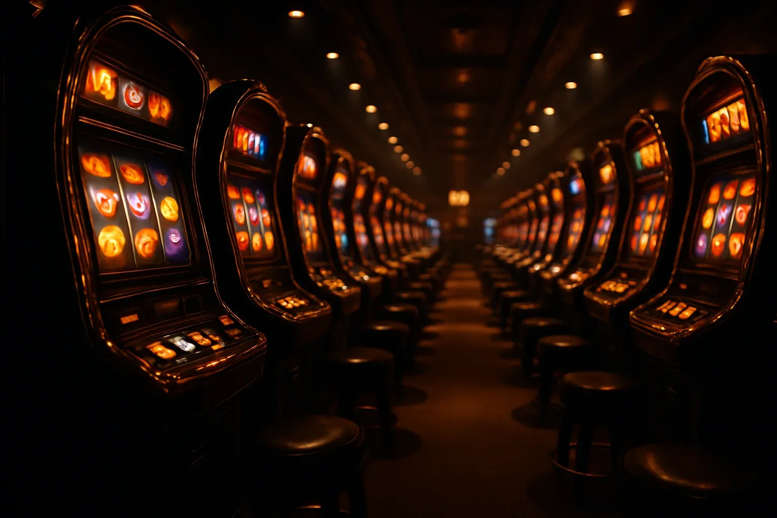 Ultra-realistic wide shot of opulent slot machine hall with glowing reels